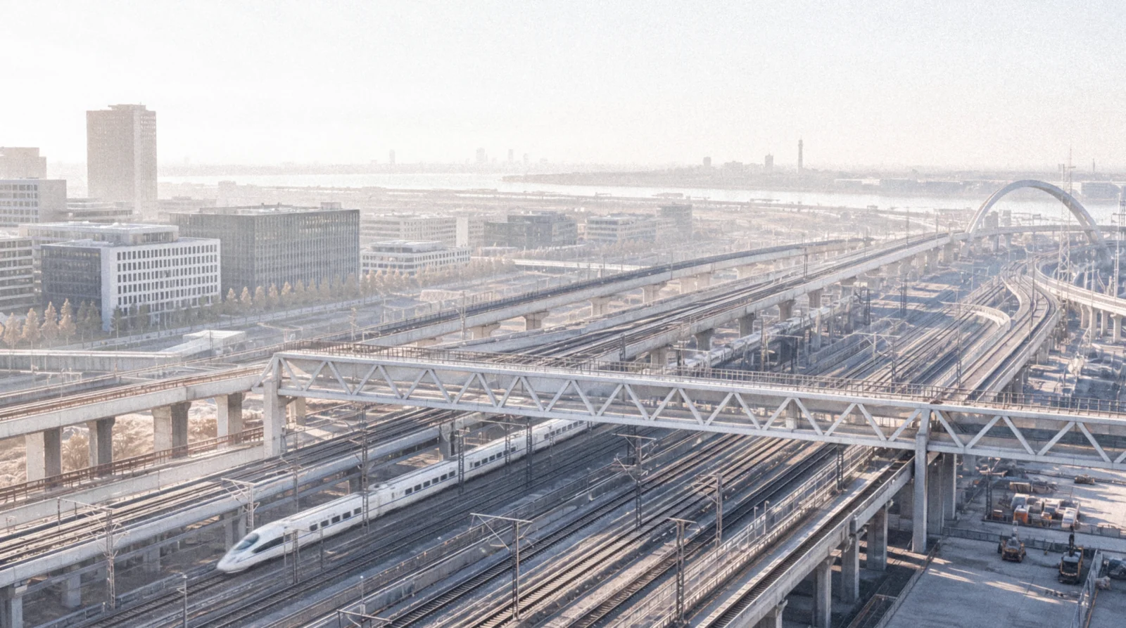 Schieneninfrastruktur, die sich im Morgendunst durch eine Stadt zieht.